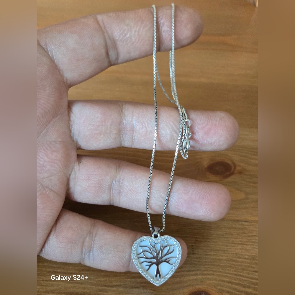 Silver Sterling 925 Heart Tree Pendant Necklace 17"